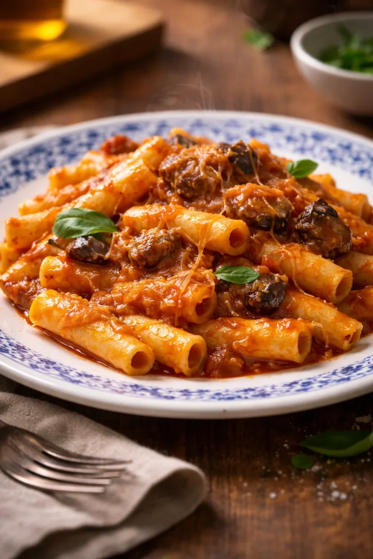 Pasta con melanzane fritte e provolone affumicato servita in un piatto.