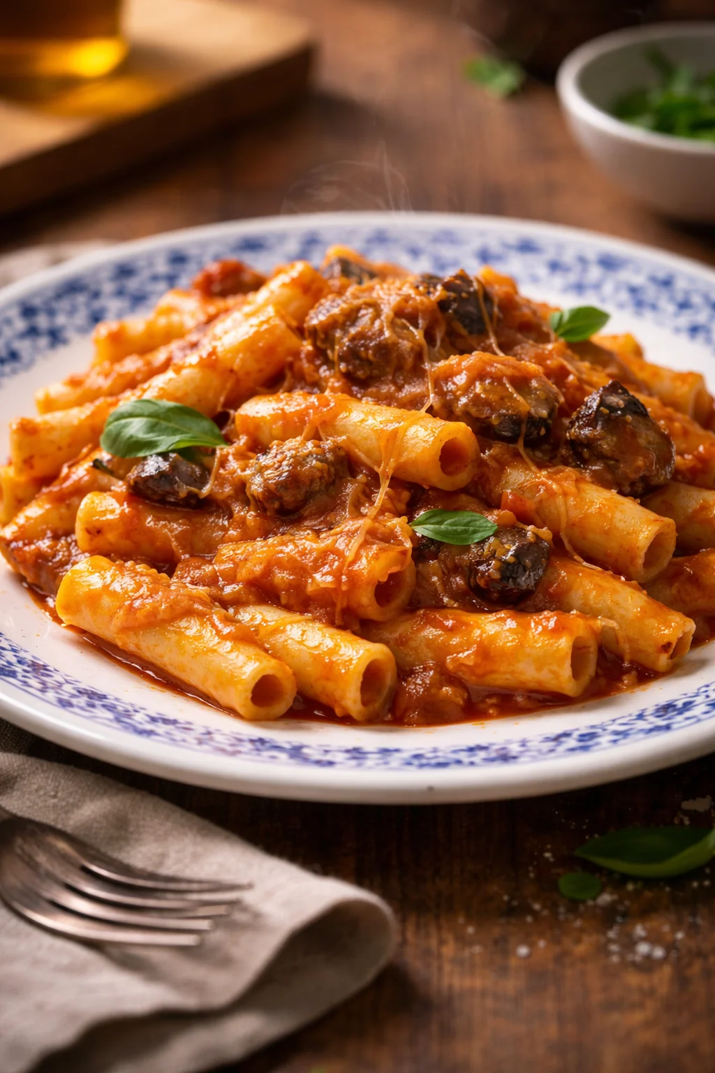 Pasta con melanzane fritte e provolone affumicato servita in un piatto.