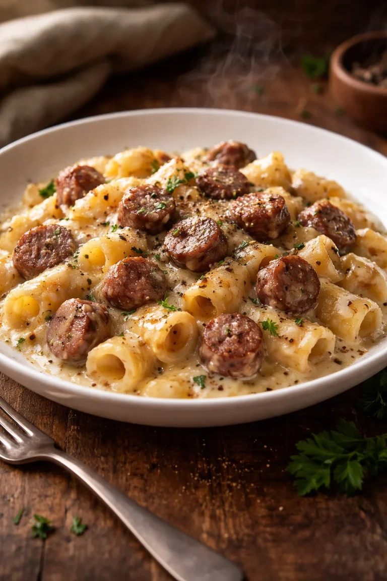 Pasta con crema di patate e salsiccia, un piatto ricco e gustoso.