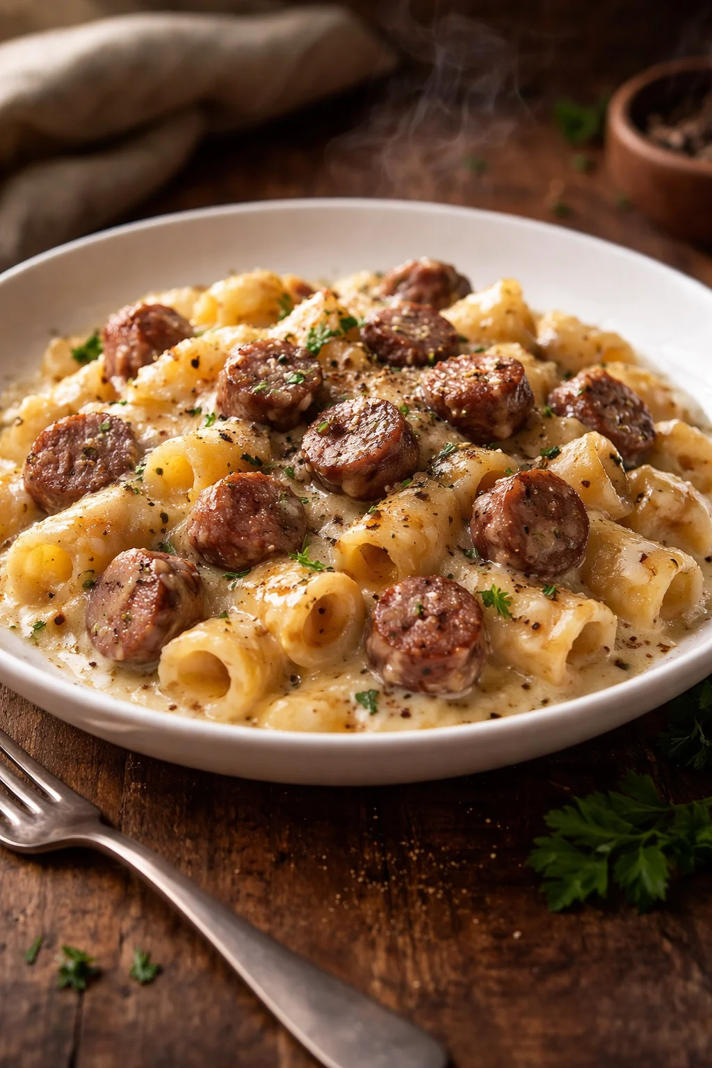 Pasta con crema di patate e salsiccia, un piatto ricco e gustoso.