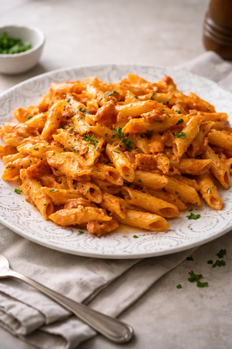 Penne al baffo con salsa cremosa e speck, piatto tipico della cucina italiana.