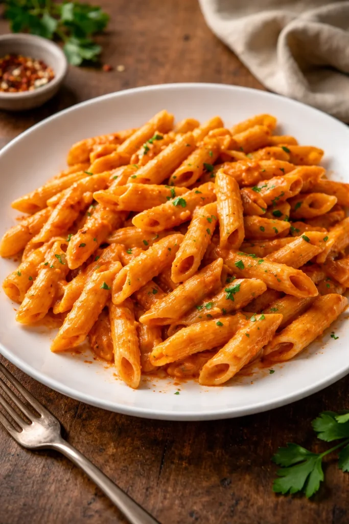 Piatto di Penne alla Vodka servito con panna e pomodoro