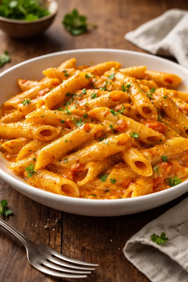 Piatto di Penne alla Vodka con salsa cremosa e pomodori freschi