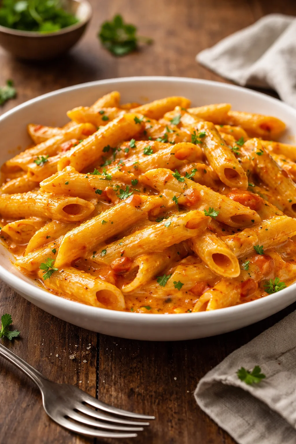 Piatto di Penne alla Vodka con salsa cremosa e pomodori freschi