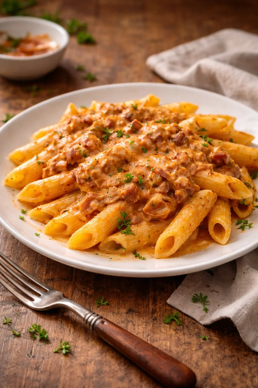 Pasta Penne Fumè con sugo e ingredienti freschi