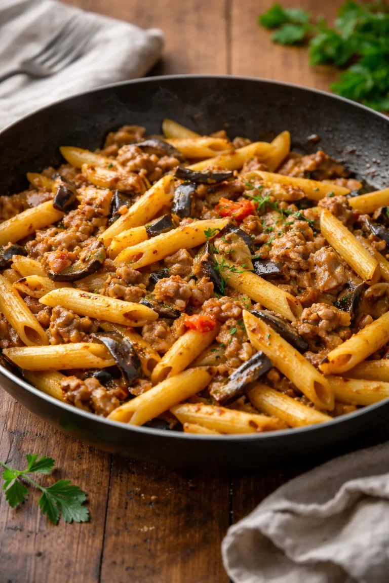 Pasta penne con salsicce e melanzane, un piatto tradizionale italiano.