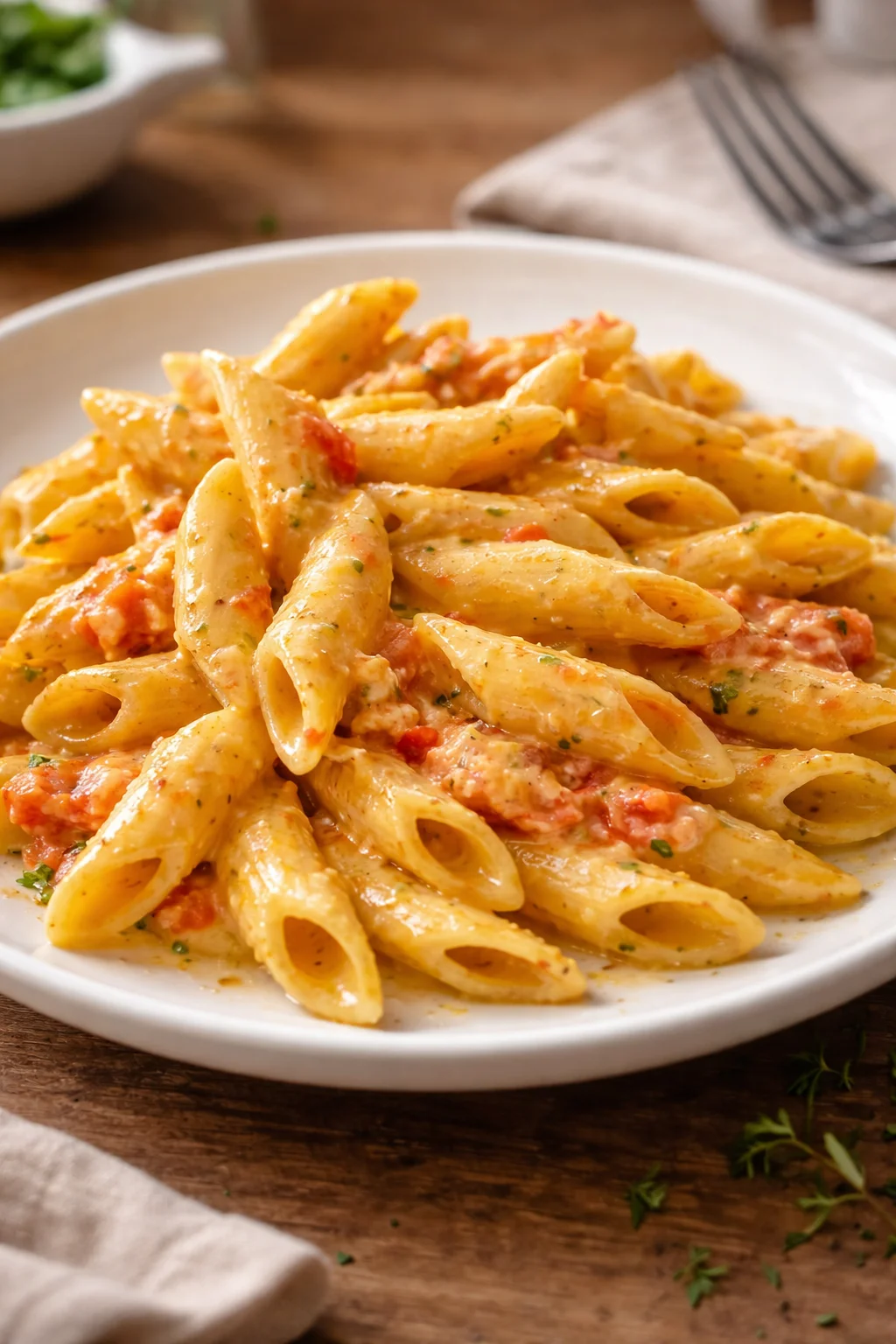 Piatto di pennette a modo mio, ricetta italiana deliziosa.