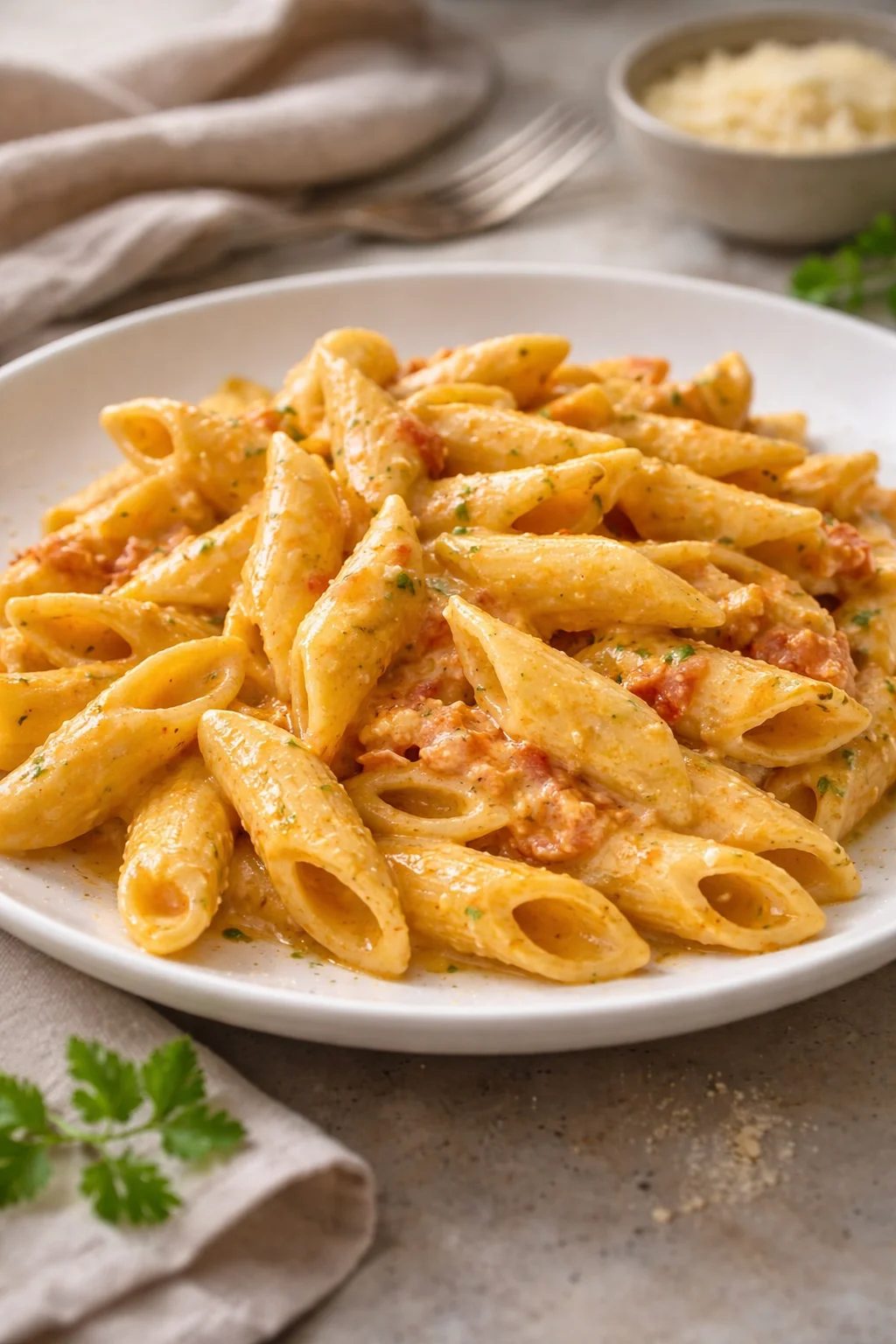 Pennette cremose con pomodorini, Philadelphia e pesto servite in un piatto