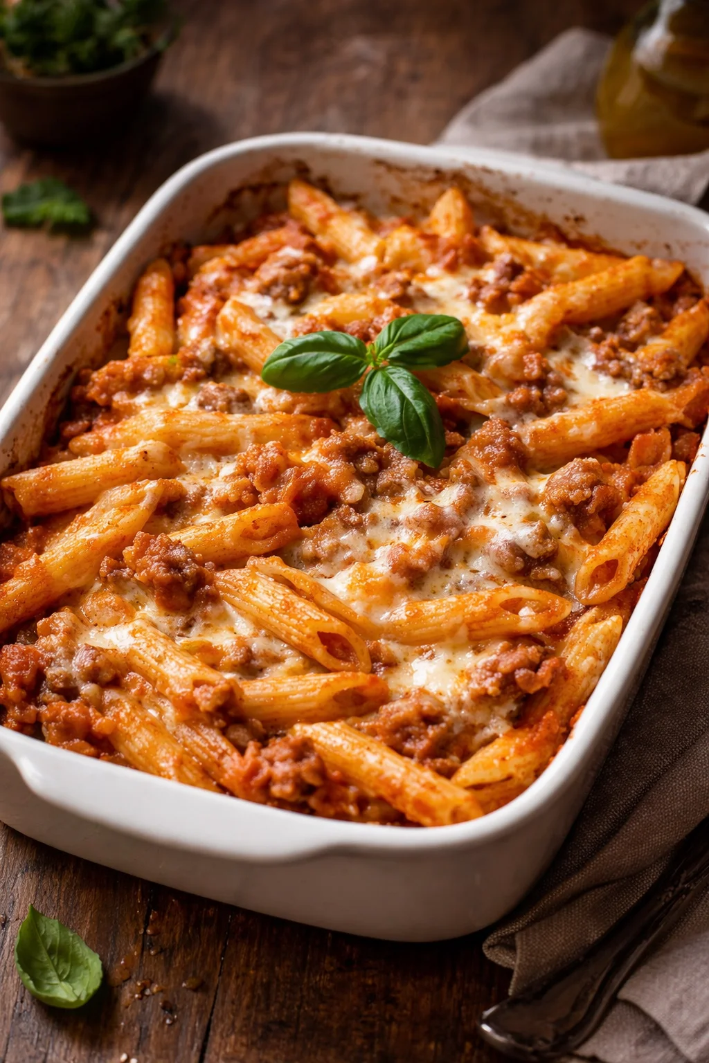 Pennette salsiccia con besciamella e mozzarella pronte da servire.