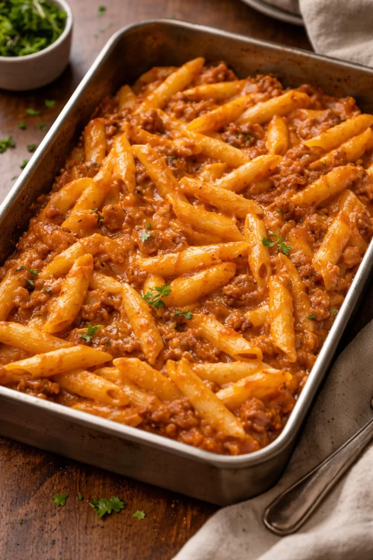 Pennette salsiccia con besciamella e mozzarella al forno dorate e appetitose.