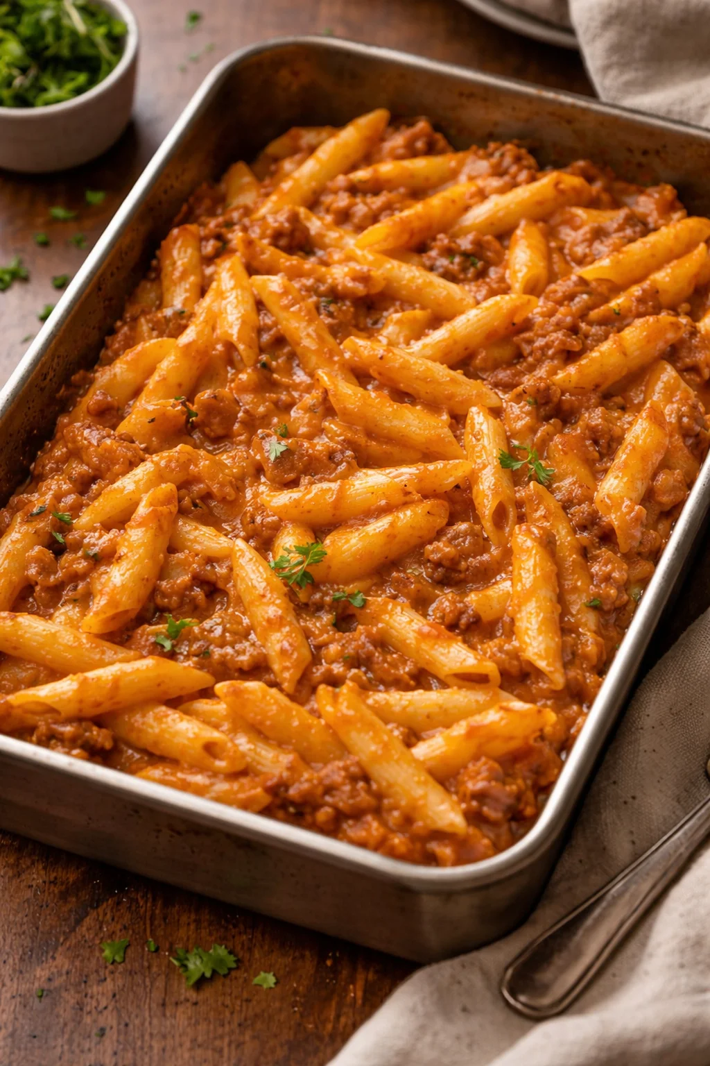Pennette salsiccia con besciamella e mozzarella al forno dorate e appetitose.