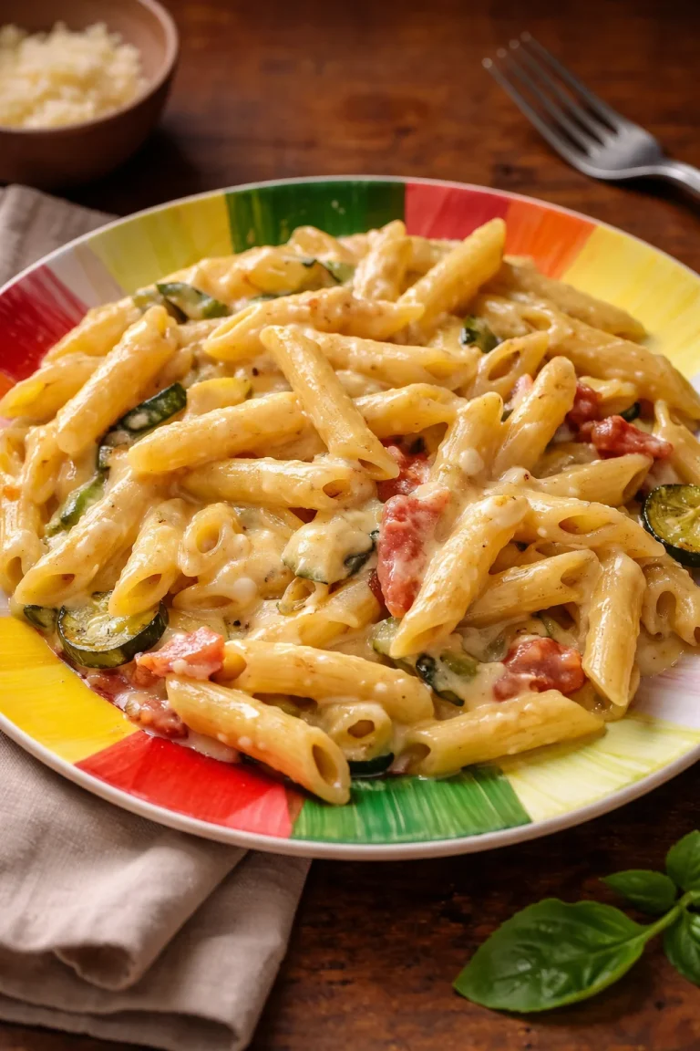 Pennette Zucchine con pancetta, pomodorini e mozzarella