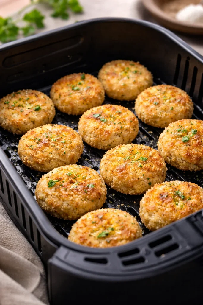 Polpette di cavolfiore dorate su un piatto, pronte da servire.