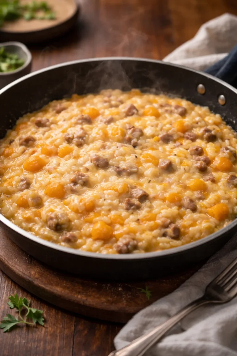 Risotto zucca e salsiccia con ingredienti freschi e colorati