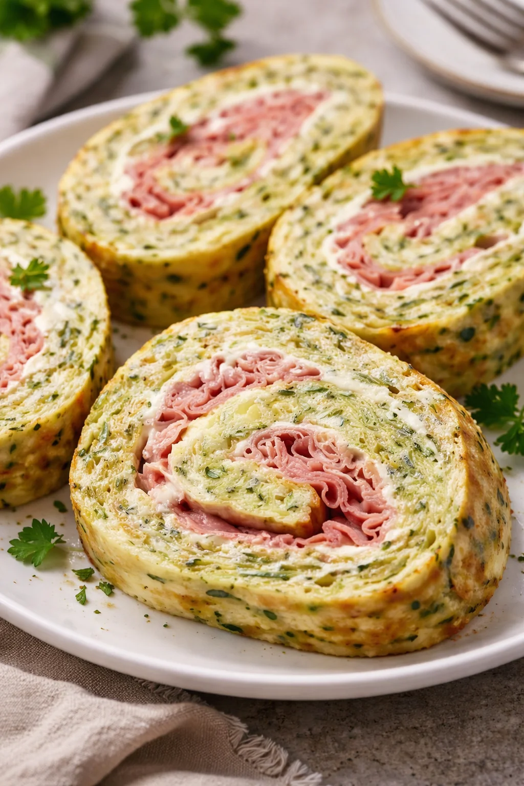 Rotolo di frittata alle zucchine servito su un piatto