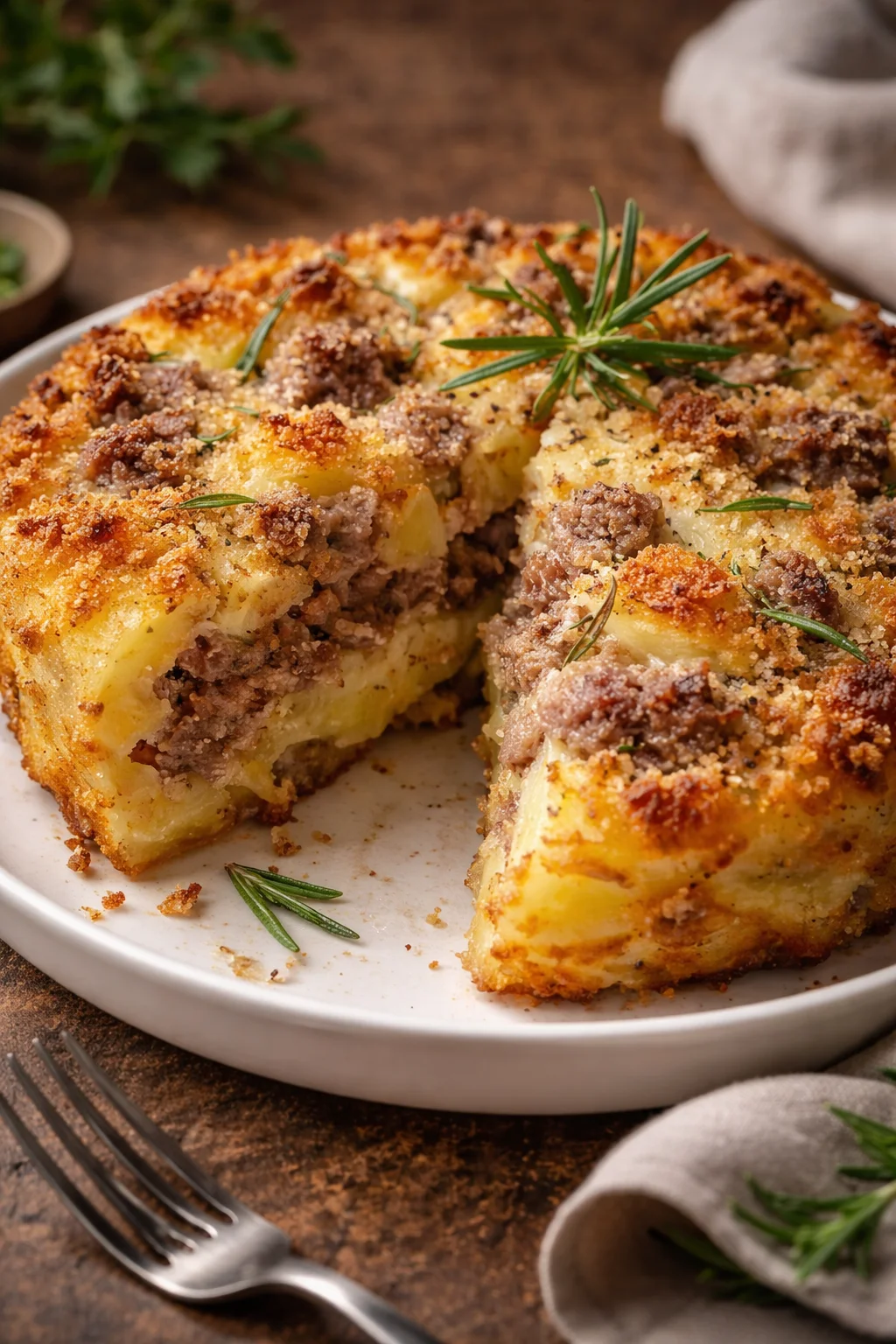 Sbriciolata di patate al forno con salsiccia e provola appena sfornata.
