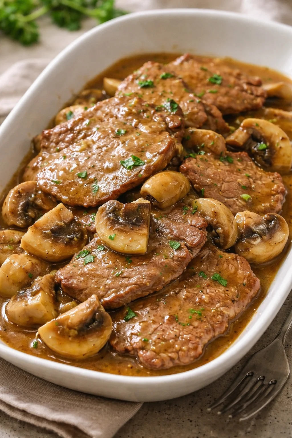 Scaloppine con demi-glacé di funghi servite su un piatto elegante
