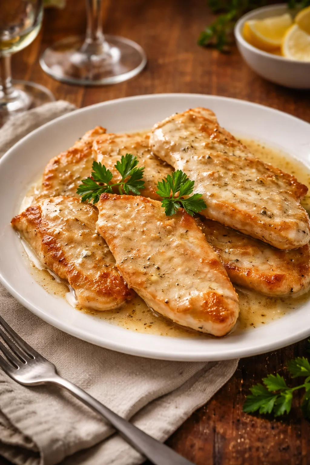 Scaloppine di pollo al vino bianco servite con contorni freschi.