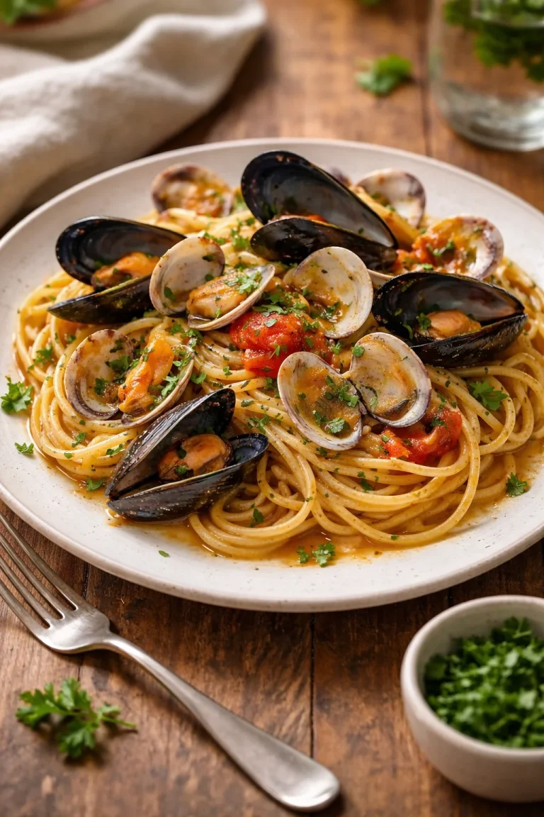 Spaghetti con cozze e vongole serviti in un piatto elegante.