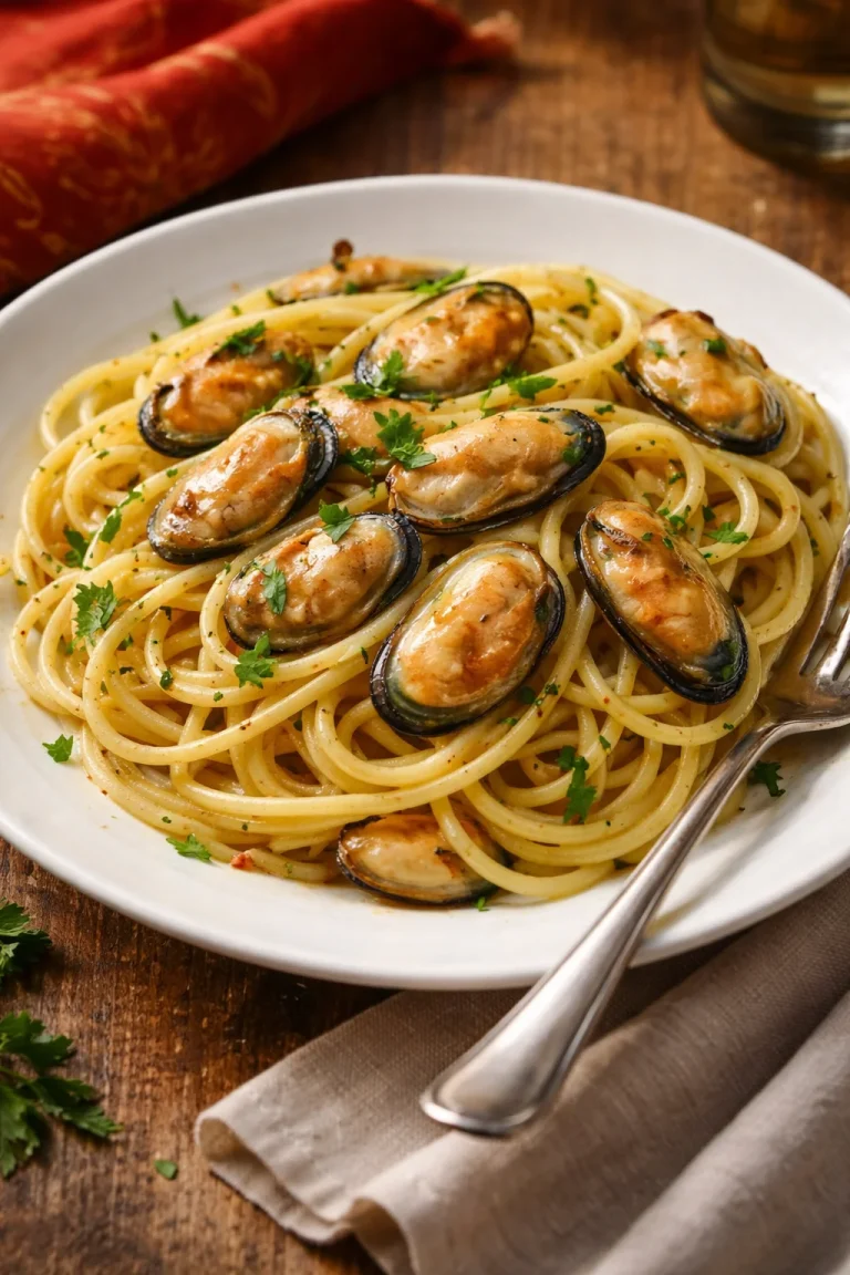 Piatto di spaghetti con le cozze, un delizioso piatto di mare italiano.