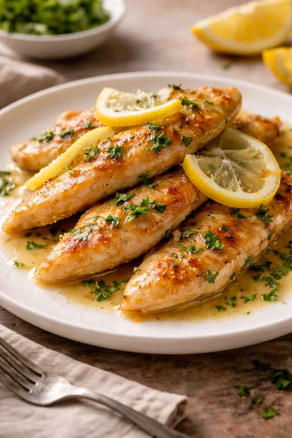 Straccetti di petto di pollo al limone su un piatto elegante