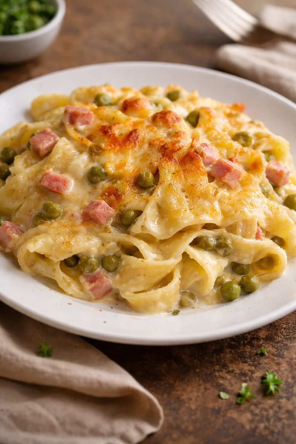 Tagliatelle al forno con prosciutto cotto e piselli, piatto succulento italiano.