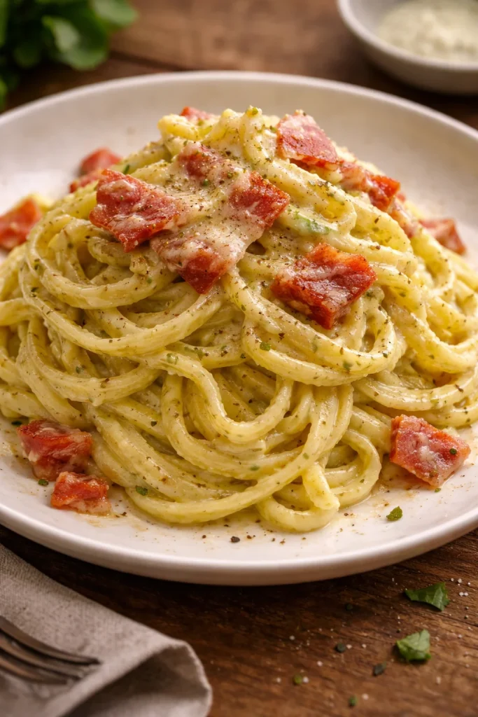Tagliolini con crema di zucchine, pancetta e Philadelphia in un piatto apparecchiato