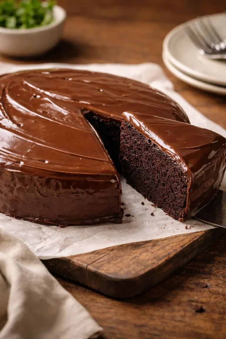 Fetta di torta al cioccolato facile e veloce su piatto bianco