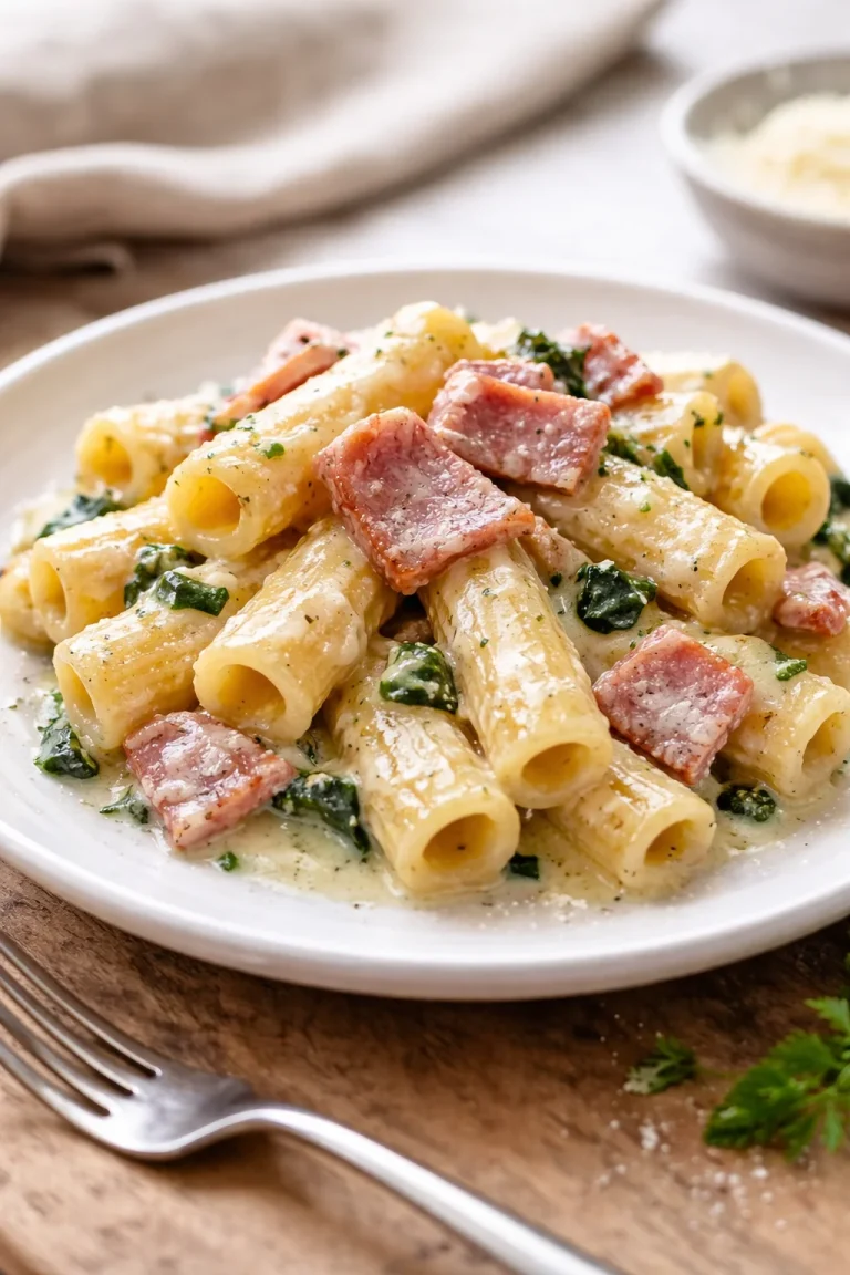 Tortiglioni con zucchine, bacon e crema di parmigiano in un piatto colorato.