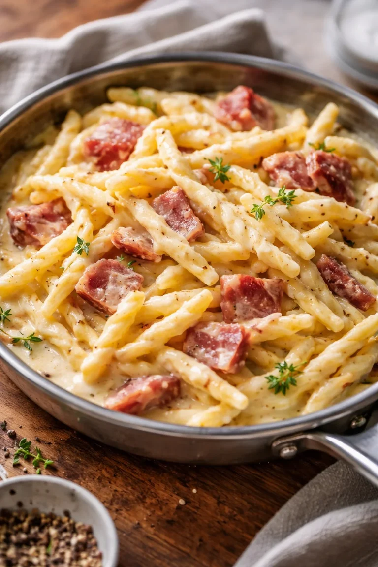 Piatto di Trofie con Speck e Provola, ricetta gustosa e tradizionale.
