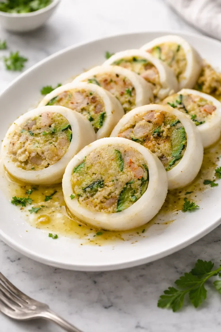 Tubi di totano ripieni con gamberetti e zucchine, un piatto estivo gustoso.